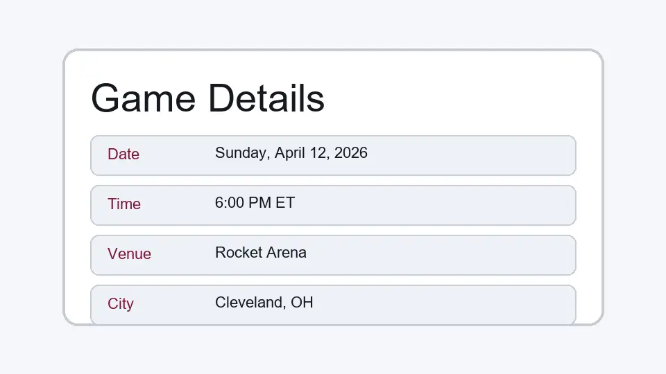 Wizards Cavaliers game details card for April 12 2026